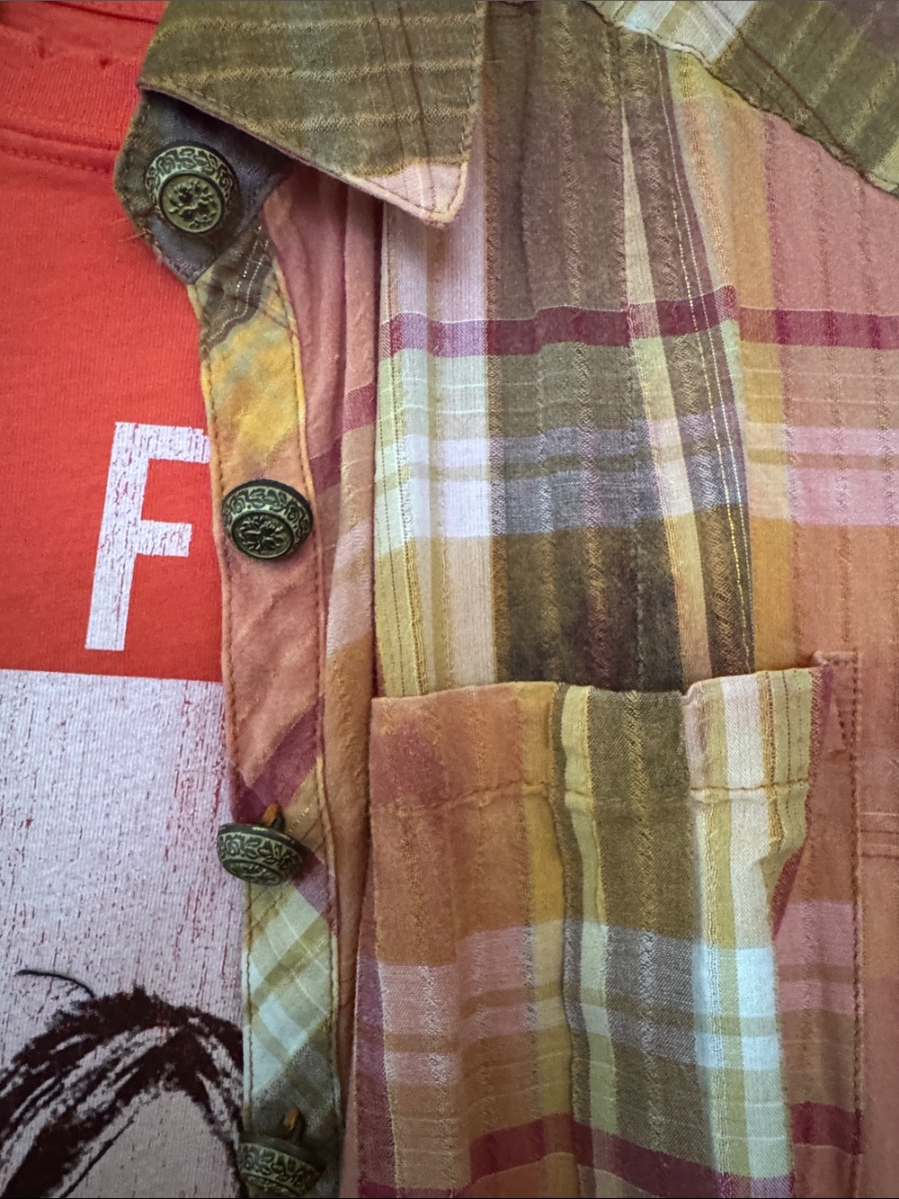 Aratta Coral Pink & Yellow Plaid-to-Floral Sheer Duster - Picture 6 of 9